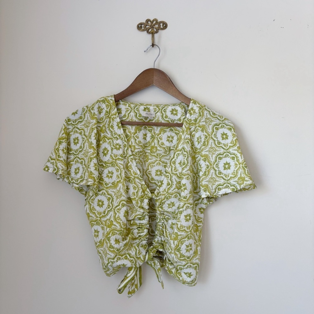 Pilcro Green Floral Linen Keyhole Crop Top Small Anthropologie